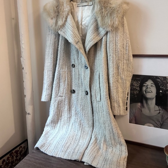 vintage perry ellis tan gray full length wool blend coat fur hood collar - Picture 3 of 13